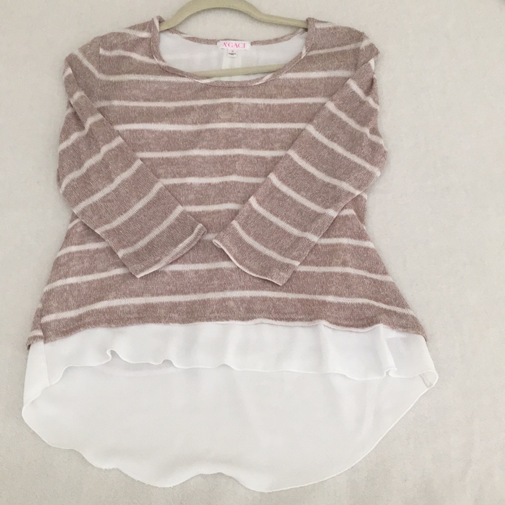 A'gaci small sweater blouse 3/4 sleeve brown/white
